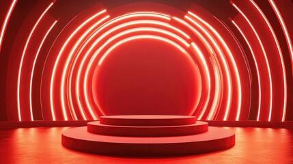 Naklejka premium Red Stage with Circular Neon Lights and Three-Tiered Platform