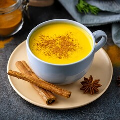 Golden Turmeric Latte with Cinnamon Sticks and Star Anise Garnish