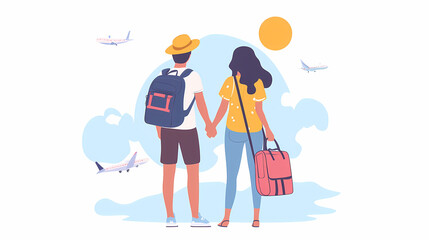 A group of tourists traveling with a backpack and map, on vacation. A collection of portraits of travelers.