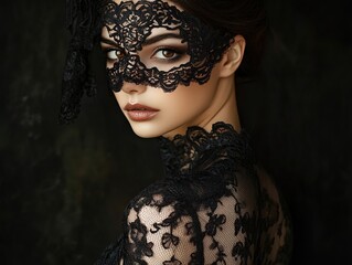 Elegant Glamour: Captivating Black Lace Dress with Stylish Mask - Perfect Poster for Luxury Sports Interiors and Chic Spaces!