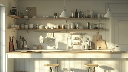 Modern Home Kitchen Design: Light Interior with Bar Counter, Sink, and Shelving for Kitchenware