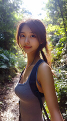 Naklejka premium A vibrant selfie of a Taiwanese college student postworkout, radiating joy and fitness in an Instagramready shot.
