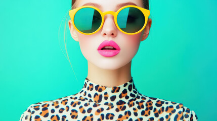 A chic portrait of a style icon in round shades and a leopard dress, showcasing vibrant pink lips in a sleek look.