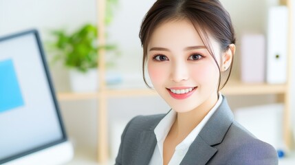 A professional woman smiles confidently from her office, dressed in a chic gray suit, exuding sophistication and grace.