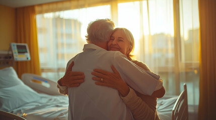 An emotional moment of a patient standing up from their hospital bed to hug a doctor, both displaying visible relief and gratitude as the room fills with morning light