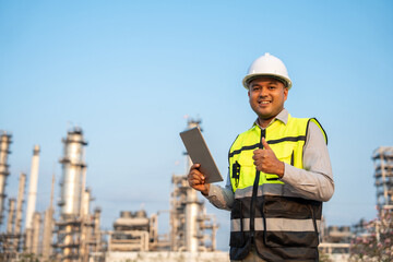 Asian engineer man with safety helmet standing front of oil refinery. Industry zone gas...