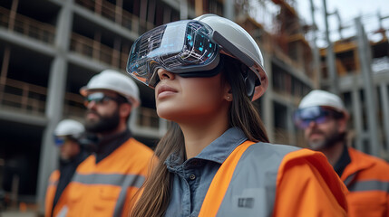 Group of engineers on a construction site using AR glasses for advanced project planning and safety supervision