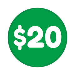 20 dollar price symbol. 20$ twenty number with dollar sign green color round shape icon illustration. Vector label with text 20 dollar.
