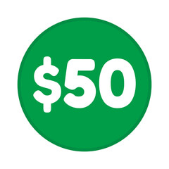 50 dollar price symbol. 50$ fifty number with dollar sign green color round shape icon illustration. Vector label with text 50 dollar.
