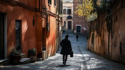 A man in a black coat walks down a narrow, cobblestone street in an old European city. The street is lined with tall buildings and the sun is shining.