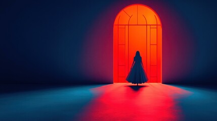 Dark room with a ghostly female figure, moonlight casts eerie shadows, creating a haunting atmosphere in the illustration.