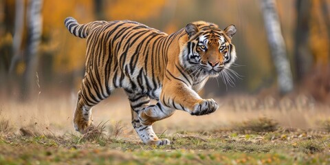 Naklejka premium Powerful Tiger with a Stunning Blend of Colors, Displaying Dominance and Strength in a Dynamic Pose.