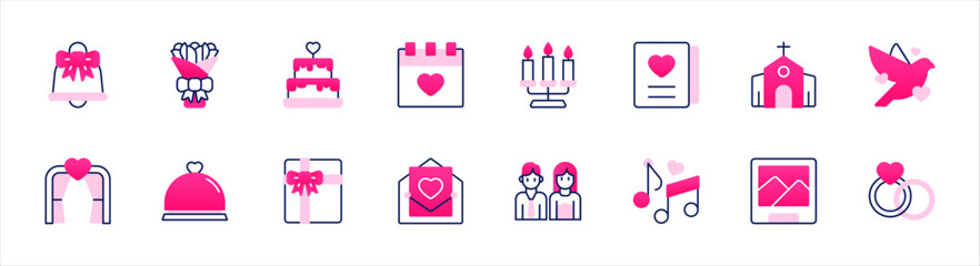 Set of Wedding icons. 16 sets of Weddingicons. Wedding icons. Simple line color Wedding icons