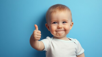 Cute baby boy giving a thumbs up on blue background, banner concept
