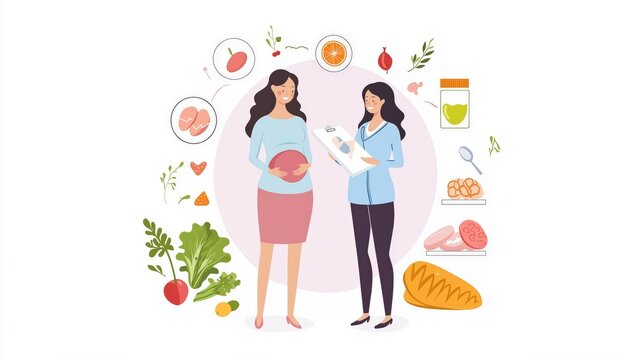 A nutritionist guides a pregnant woman on healthy eating with colorful food illustrations and dietary advice.