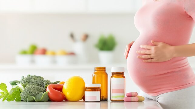 A pregnant woman holds her belly with healthy food and vitamins in the foreground, emphasizing nutrition during pregnancy.