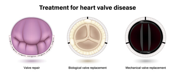 Treatment for heart valve disease. Valve repair, Biological valve replacement and Mechanical valve replacement. Annuloplasty.