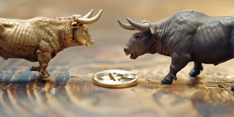Fototapeta premium Realistic Bitcoin Representation with Bull and Bear Figures in the Background, Emphasizing Market Uncertainty.
