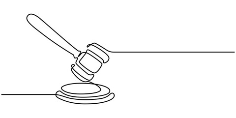 One continuous single line of judge hammer isolated on white background, Judge's gavel continuous one line drawing minimalism design isolated on white background, Judge's gavel icon line continuous