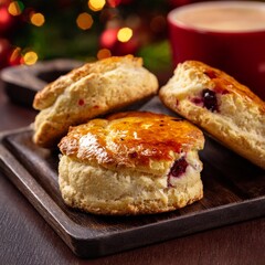 Gourmet scones with depth of field showcasing crumbly texture and rich flavors