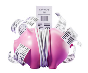 Pink piggy banks squeezed by multiple electricity bills, isolated on a clean white background....