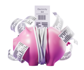 Pink piggy banks squeezed by multiple electricity bills, isolated on a clean white background. Concept of high expenses, 3D Rendering