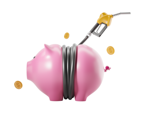 Pink piggy bank squeezed by a gas pump hose with coins around, isolated on white background. Concept of fuel prices. 3D Rendering