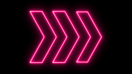 Bright red neon light arrow pointing right.right arrow neon glow icon black background.
