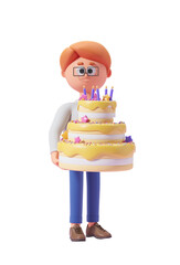 Cartoon character holding a large birthday cake with candles and decorations, against a white...