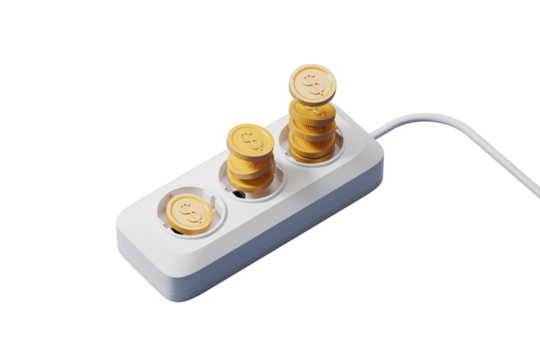 Electrical power strip with stacked gold coins in the sockets, 3D rendering. Isolated on white background. Concept of saving money on electricity