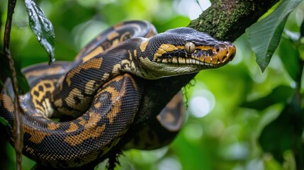 Obraz premium Colorful Python Snake in Lush Green Jungle