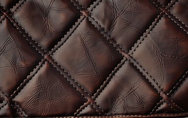 Obraz premium Close-up of brown stitched leather texture with a quilted pattern. Leather material and upholstery concept for design and print.