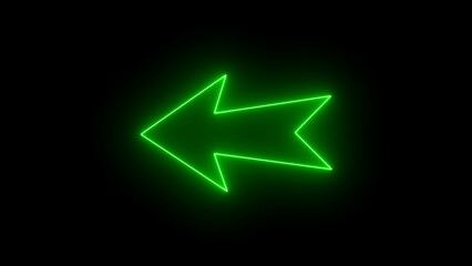 Bright green neon light arrow pointing left. left arrow neon glow icon black background.