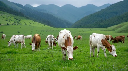 Fototapeta premium Herd of Cows Peacefully Grazing in a Lush Green Pasture with Majestic Mountains Forming the Backdrop of this Idyllic and Serene Countryside Landscape Scene