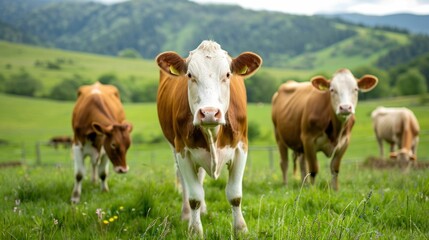 Peaceful Herd of Cows Grazing in a Lush Verdant Pasture with a Scenic Mountain Landscape in the Background