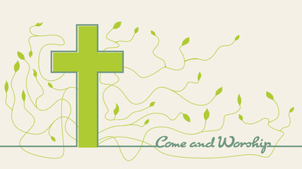 Cross and come and worship text in thin lines style. Stems with leaf