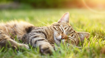 Closeup of a content and cozy tabby cat lounging in the lush grass of a sunny farm meadow displaying a peaceful and relaxed expression as the feline enjoys the tranquil outdoor setting