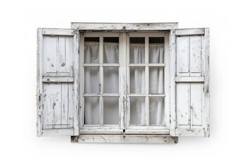 White vintage window with open wooden shutters on a white background. Architectural photography for design and decoration concepts.