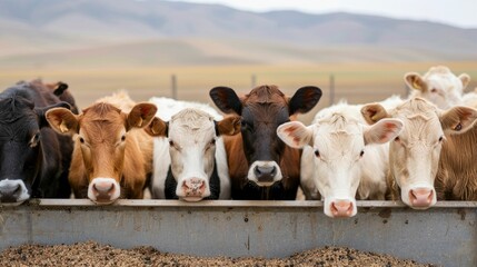 A herd of cows and other farm animals gathered around a communal feeding trough in a picturesque rural landscape with a deep depth of field © Intelligent Horizons
