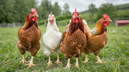 Free Range Hens Foraging in a Lush Grassy Farm Field Depicting Natural and Ethical Living Conditions for Poultry in a Pastoral Landscape