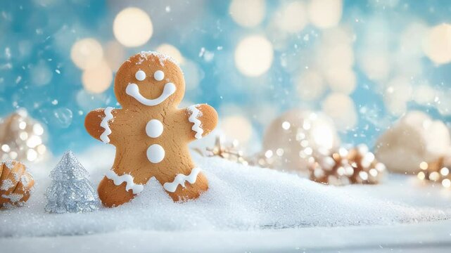 A joyful gingerbread man appears amidst snowflakes and festive decorations during a winter Christmas celebration