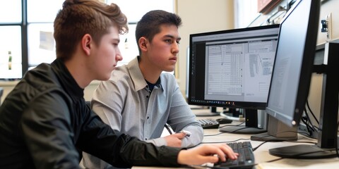 Two Young Men in a Professional Setting, Reviewing a Project Plan on a Computer Screen, One Using a Pen to Highlight Key Points.