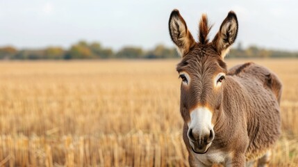 Donkey braying in a vast sun drenched farm field with a serene pastoral landscape in the background on an idyllic autumn day