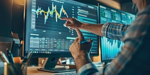 Two Young Professionals Collaborating at an Office Desk, Focused on a Computer Screen Displaying a Project Plan, with One Pointing at the Screen with a Pen.