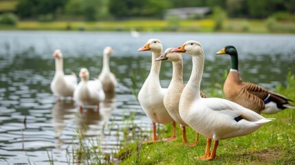 A peaceful scene of geese and ducks coexisting harmoniously by a serene pond surrounded by the lush greenery of a picturesque farm countryside