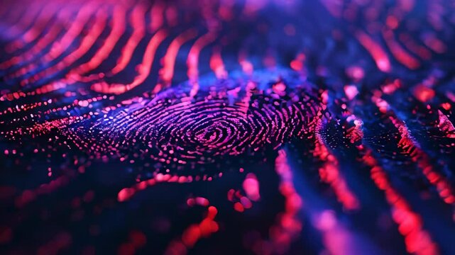 Close-up of a neon-lit fingerprint pattern, with vivid blue and pink highlights creating a futuristic texture.