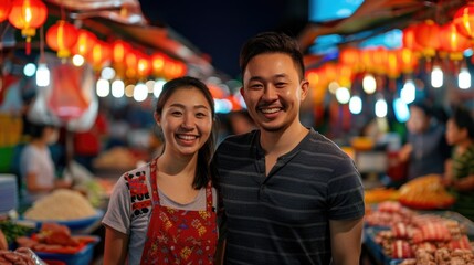 Couple Enjoying Street Food and Shared Culinary Adventure at Vibrant and Lively Night Market Exploring Local Flavors and Atmosphere