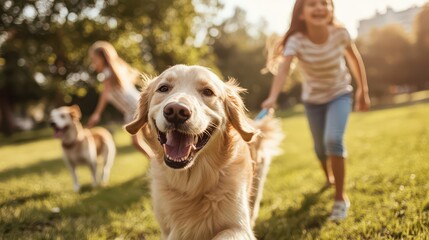 Happy Dogs Playing with Children in a Park