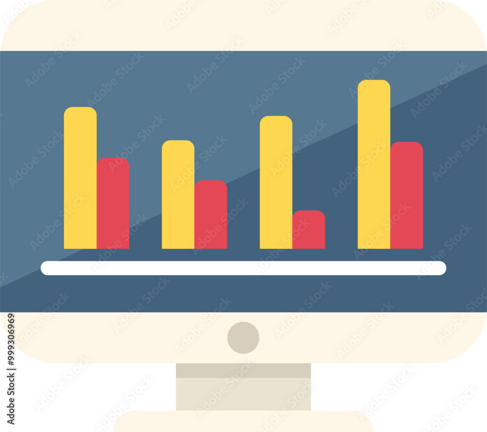 Poster computer monitor is displaying a statistical bar chart analysis, representing data visualization and