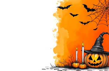 Halloween postcard with a place for text. Orange banner with carved Halloween pumpkin and black bats. Party invitation or holiday sale poster with glowing Jack-o-lantern